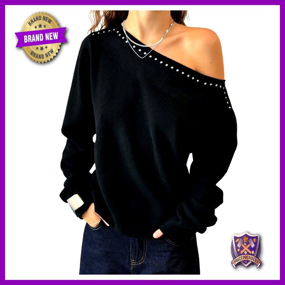 Off Shoulder Sweater Long Sleeve Pullover Studded Punk Grunge Top